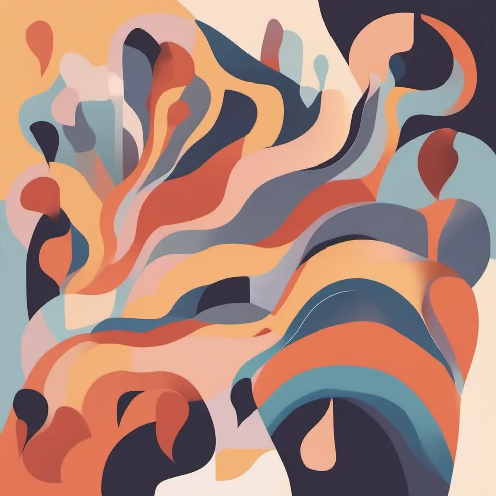 Overlappinge abstracte vormen in verschillende tinten oranje, blauw, roze en grijs op een warme achtergrond