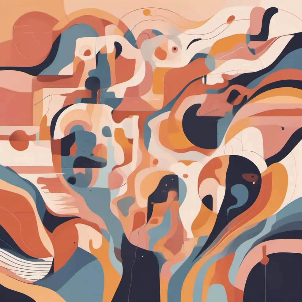 Abstracte, vloeiende vormen in tinten oranje, blauw, beige en zwart op een warme peachkleurige achtergrond met verspreide cirkelvormige stippen