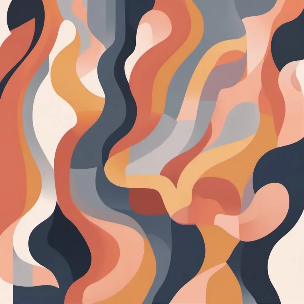 Overlappende, golfvormige vormen in tinten oranje, grijs, wit en donkerblauw vormen een abstract, gestapelde patroon