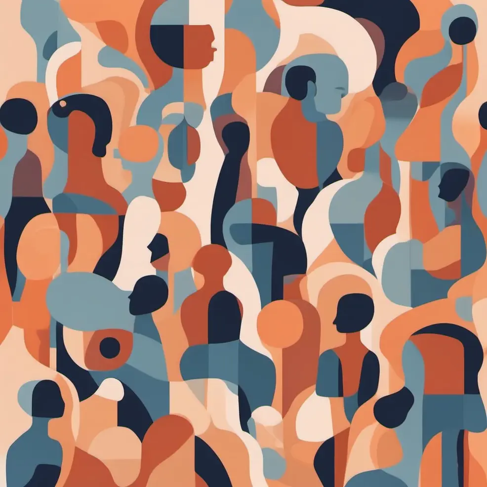 Een abstract patroon van overlappende silhouetten in tinten oranje, blauw, crème en donkere marine, vormend een dichte, gestapelde samenstelling