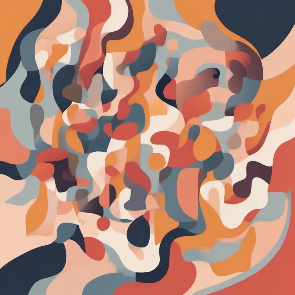 Overlappende abstracte vormen in verschillende tinten oranje, blauw, beige en donkergrijs vormen een complex, gestapelde patroon
