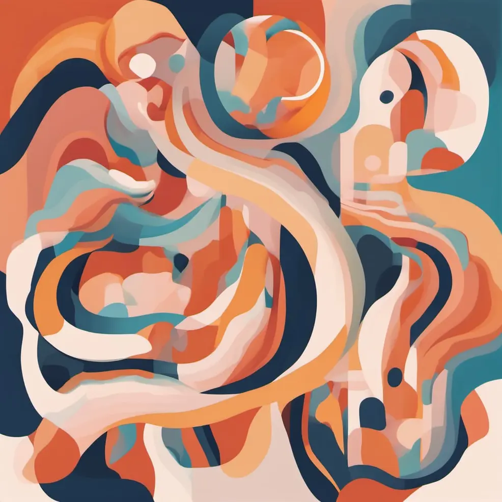 Draaiende, abstracte vormen in tinten oranje, blauw, peach en crème op een warme achtergrond