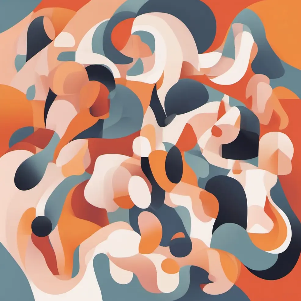 Overlappende, ronde vormen in tinten oranje, wit, grijs en donkerblauw vormen een dynamische en textuurrijke compositie