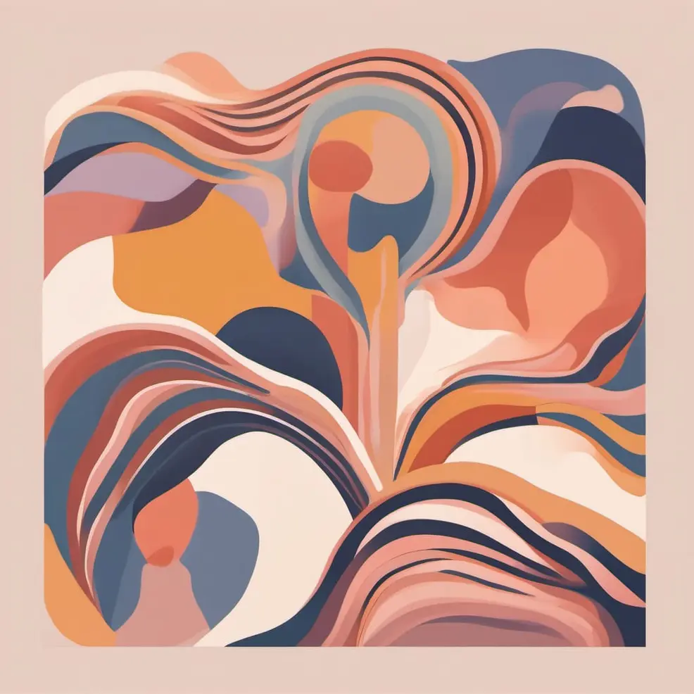 Draaiende abstracte vormen in nuances van oranje, blauw, peach en wit op een licht behellende achtergrond