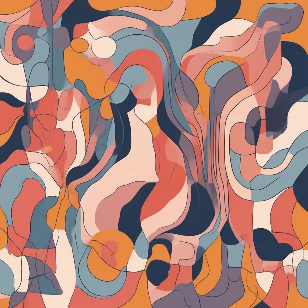 Overlappende abstracte vormen in tinten oranje, blauw, roze en crème vormen een vloeiend, organisch patroon over het oppervlak