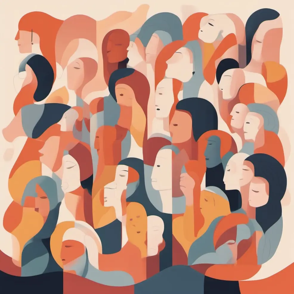 Overlappende gestileerde gezichten in oranje, blauw, beige en bruin op een licht kremekleurig achtergrond