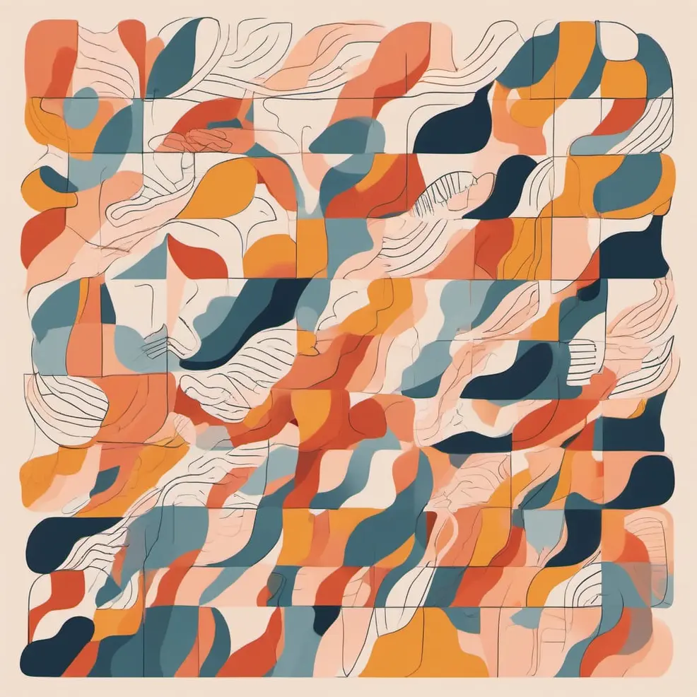 Een rooster van vierkante tegels met abstracte, vloeiende vormen in oranje, blauw en beige toon, omlijnd met dunne witte lijnen
