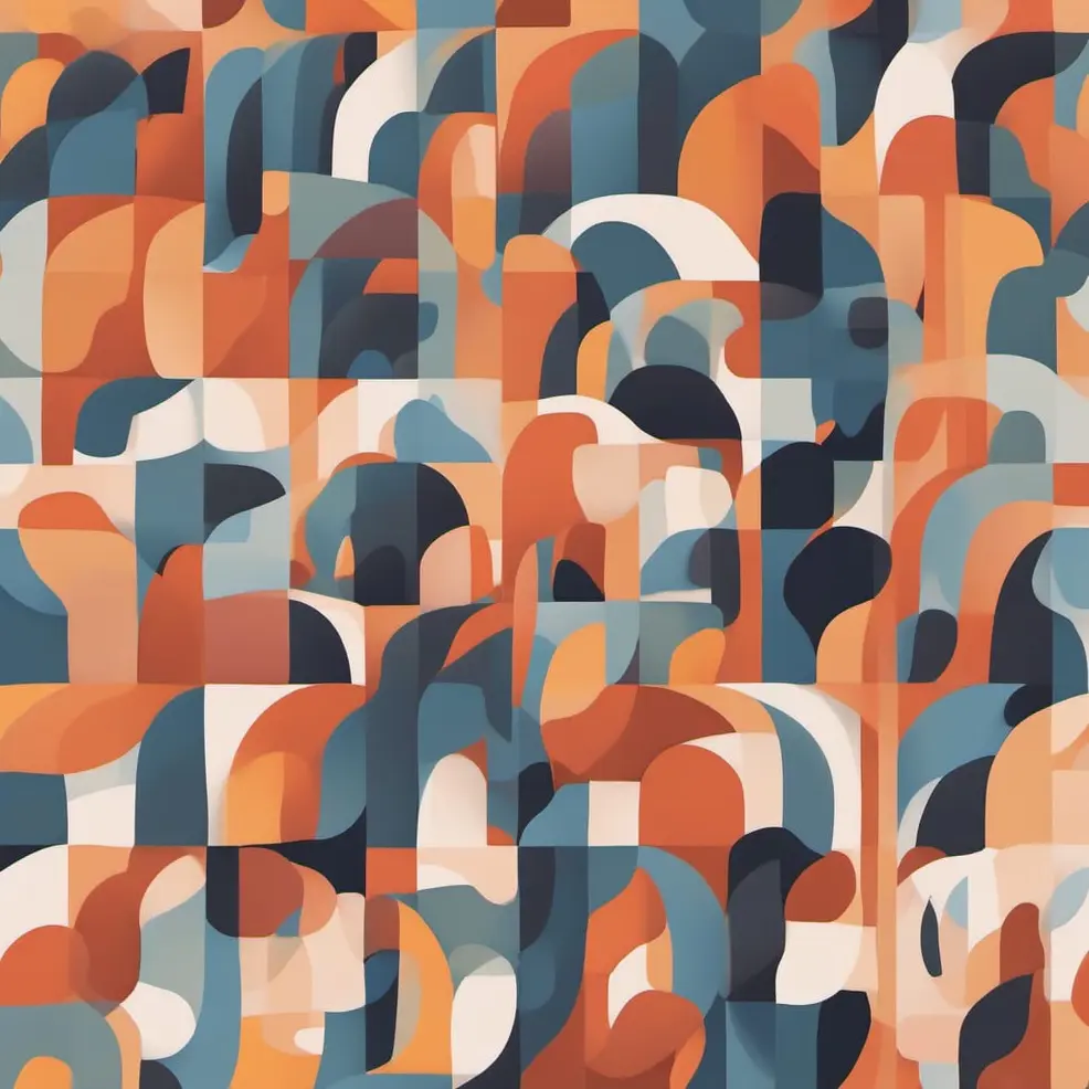 Een abstract patroon van overlappende ronde rechthoekige vormen in tinten oranje, blauw, wit en donkergrijs