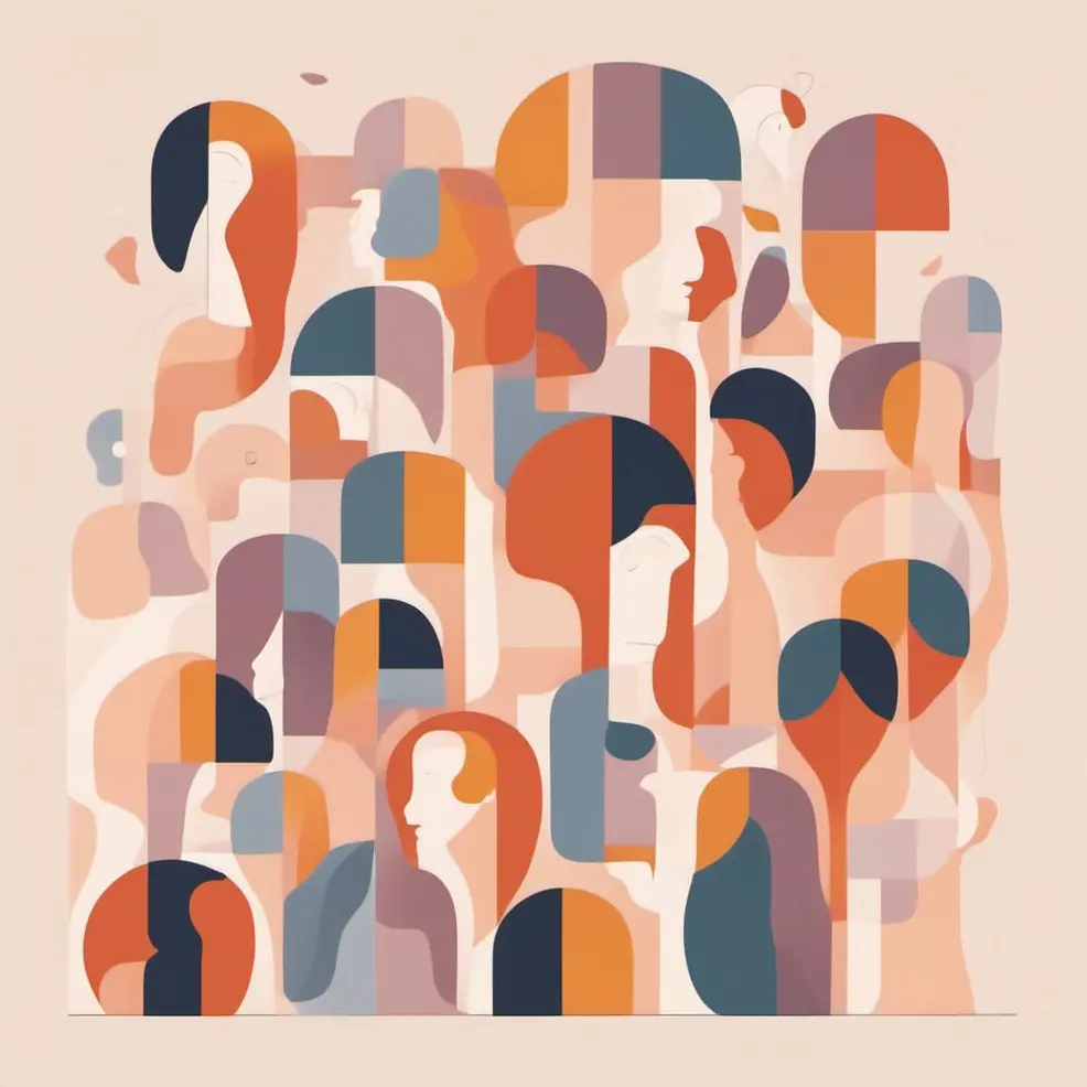 Overlappende abstracte vormen in tinten van beige, oranje, blauw en bruin vormen een menigte gezichten op een licht achtergrond