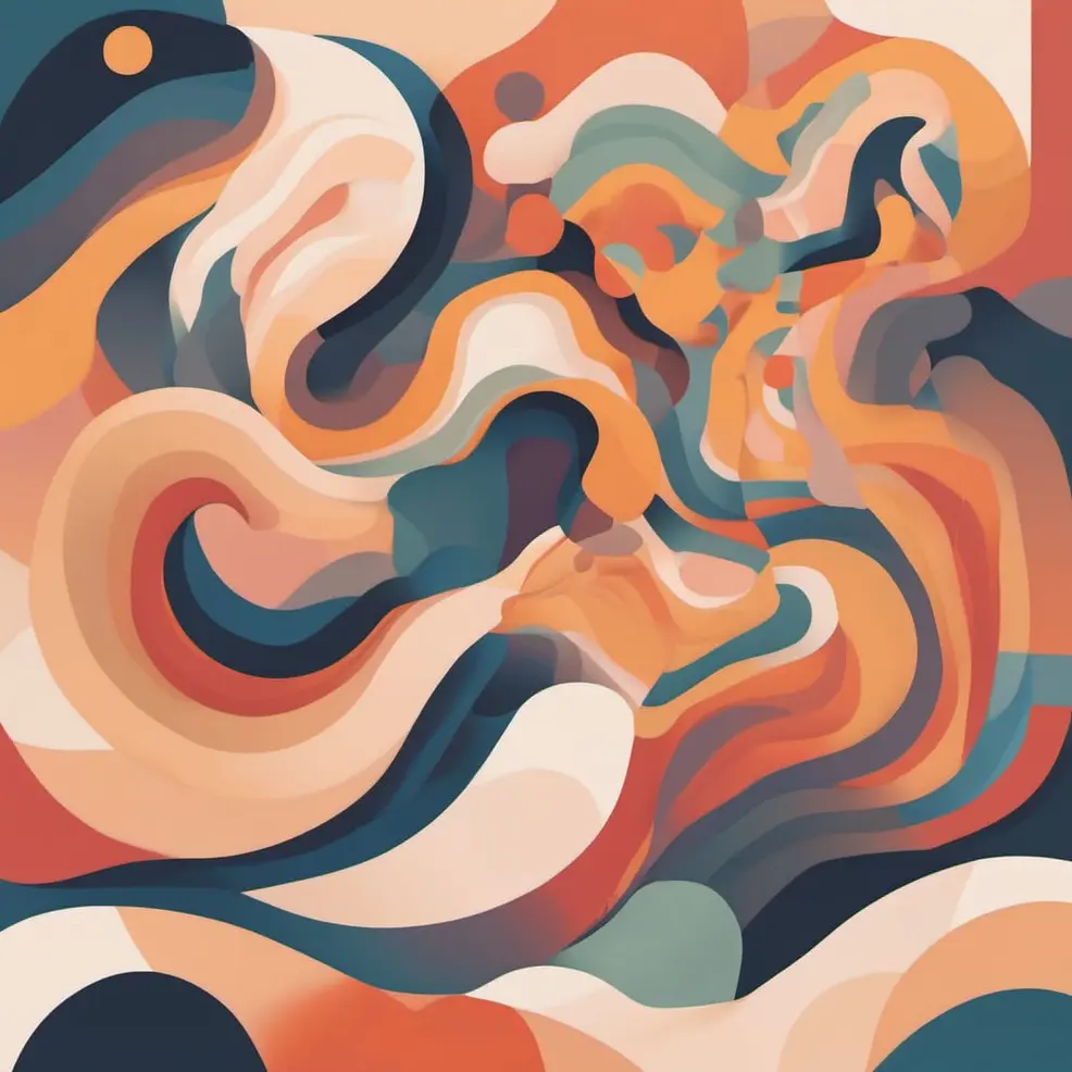 Vloeiende, abstracte vormen in tinten oranje, blauw, beige en grijs vormen een draaiend, organisch patroon over het doek