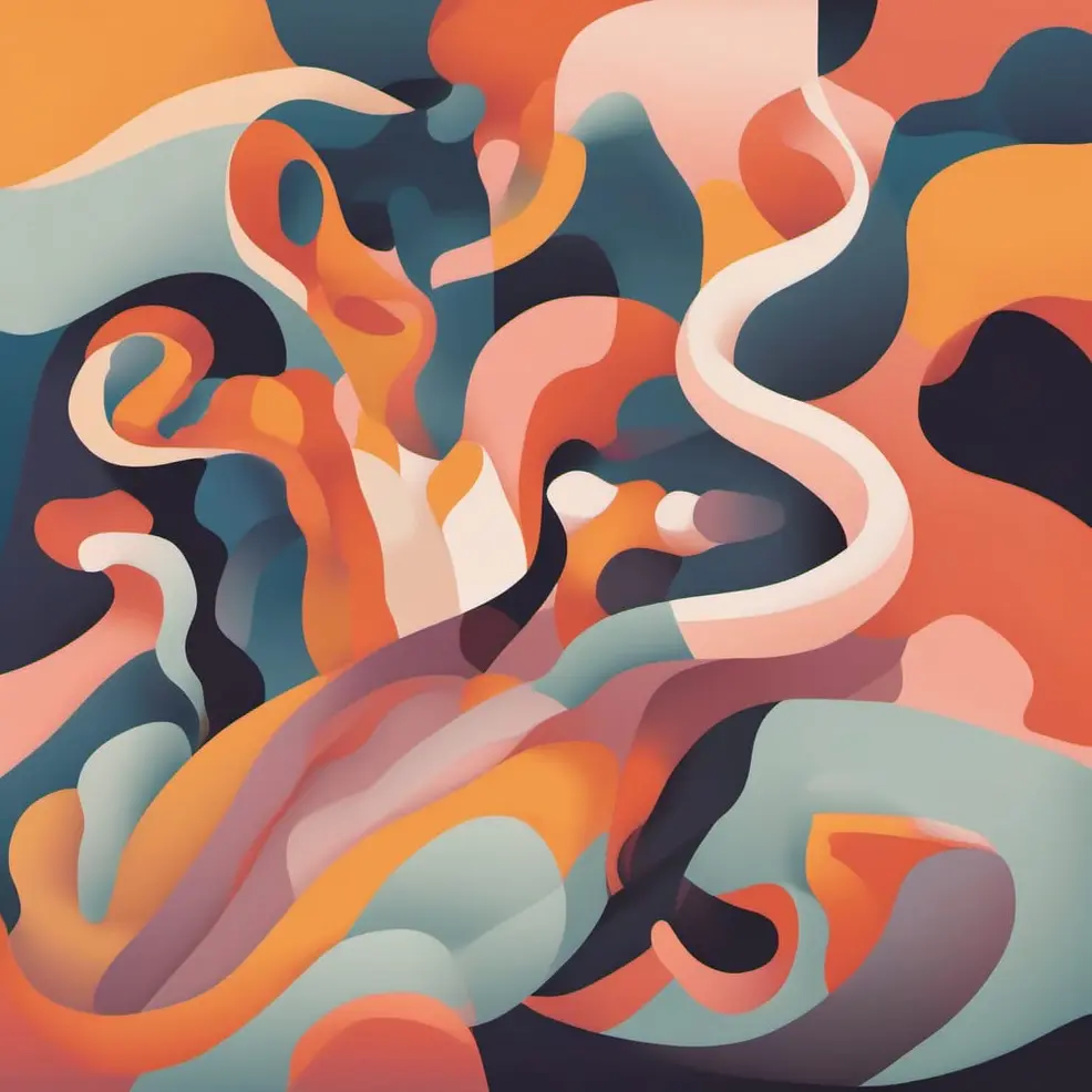 Vloeiende, gestapelde vormen in tinten oranje, blauw, roze en grijs, die een dynamische en draaiende compositie vormen