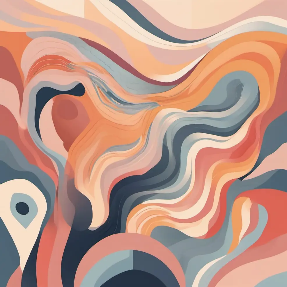 Vloeiende, golfvormige banden in tinten oranje, peach, blauw en grijs die een dynamisch en organisch visueel patroon vormen