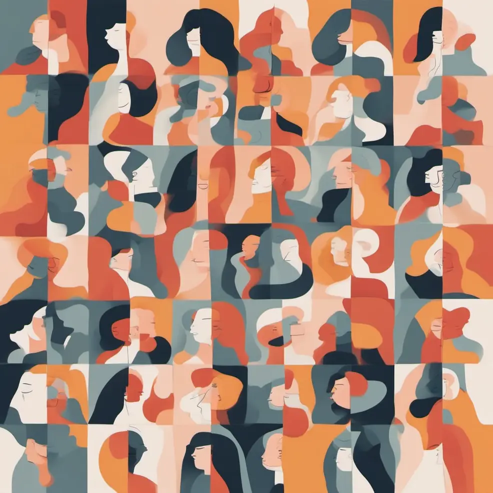 Herhalende vierkante tegels met gestileerde vrouwelijke profielen in verschillende tinten oranje, blauw, beige en donkerbruin