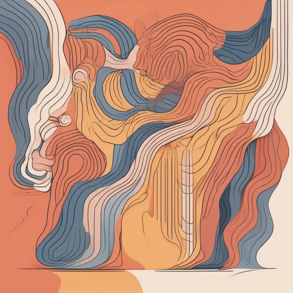 Vloeiende, golfvormige lijnen in oranje, blauw, beige en geel op een warme achtergrond met een lichte rand