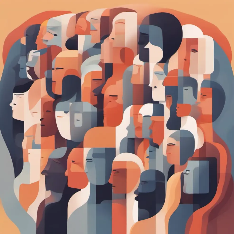 Overlappende gestileerde gezichten in oranje, blauw en wit op een warm geel-oranje achtergrond