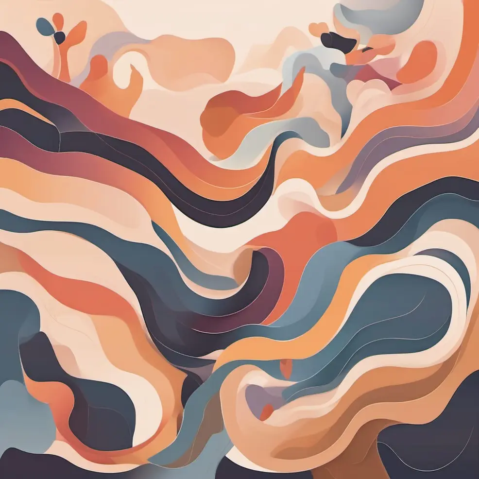 Gewelfde, vloeiende vormen in tinten oranje, blauw, beige en donkerrood op een lichte peach achtergrond