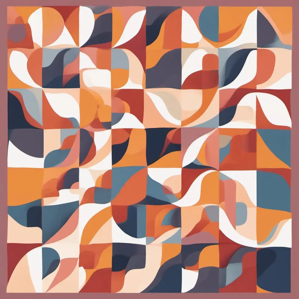 Herhalende abstracte, gekurvene vormen in tinten oranje, blauw, beige en rood op een roodbruine rand
