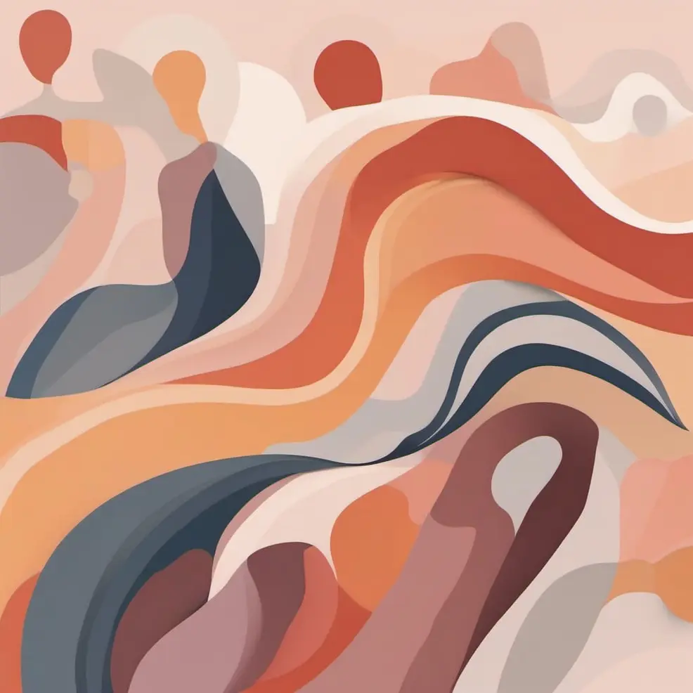 Abstracte vormen met vloeiende lijnen en lagen in tinten oranje, grijs, wit en gedempte blauw op een lichte peach achtergrond