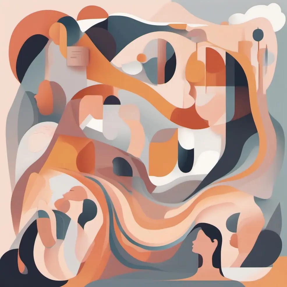 Overlappende gekromde en geometrische vormen in tinten oranje, grijs, wit en donkerblauw op een lichte peach achtergrond