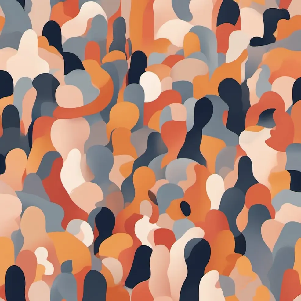 Overlappende organische vormen in tinten oranje, grijs, beige en donkerblauw