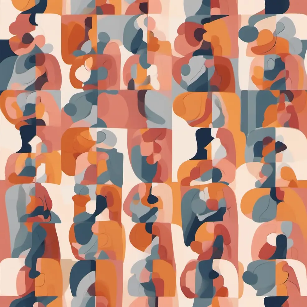 Een witte achtergrond met een samenhangend patroon van abstracte, overlappende vormen in tinten oranje, grijs, beige en gedempte blauw