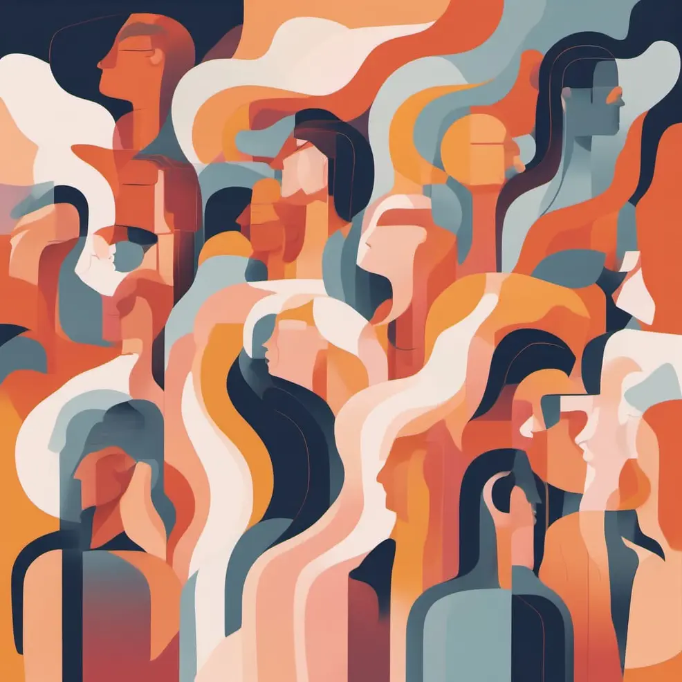 Overlappende abstracte gezichten in oranje, blauw, wit en bruin op een gelijk gekleurde achtergrond met gekromde vormen