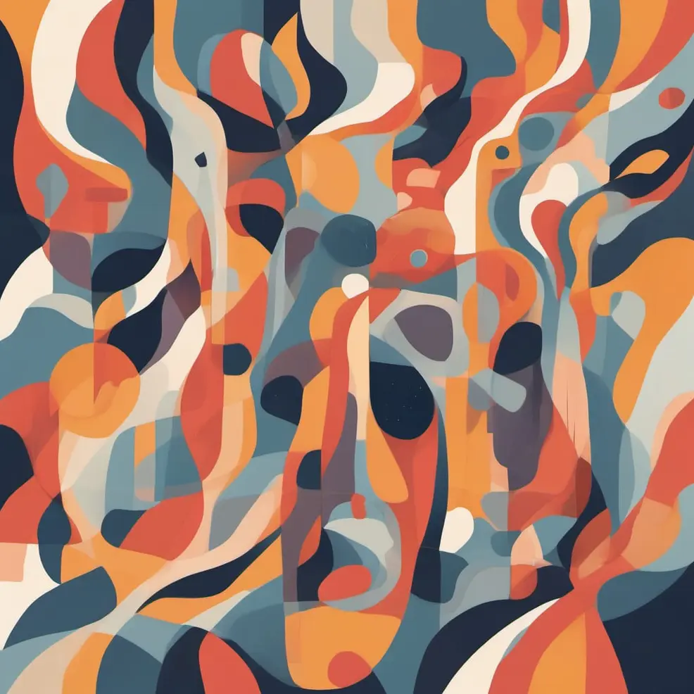 Overlappende, vloeibare vormen in tinten oranje, blauw, wit en zwart vormen een dynamische, textuurrijke compositie